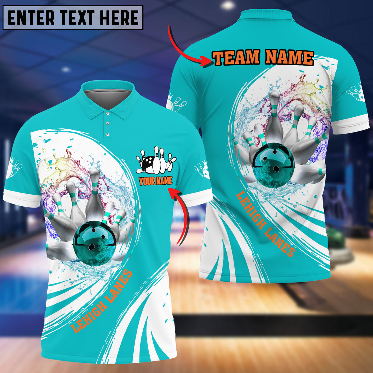 Maxcorners Cyan Bowling Water Pattern Customized Name All Over Printed Shirt