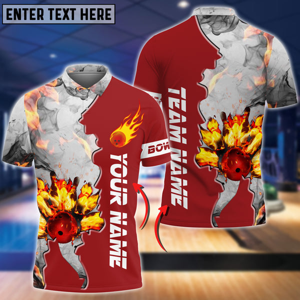 Maxcorners Red Bowling Ball And Pins Flame Grey Smoke Pattern Premium Customized Name 3D Shirt