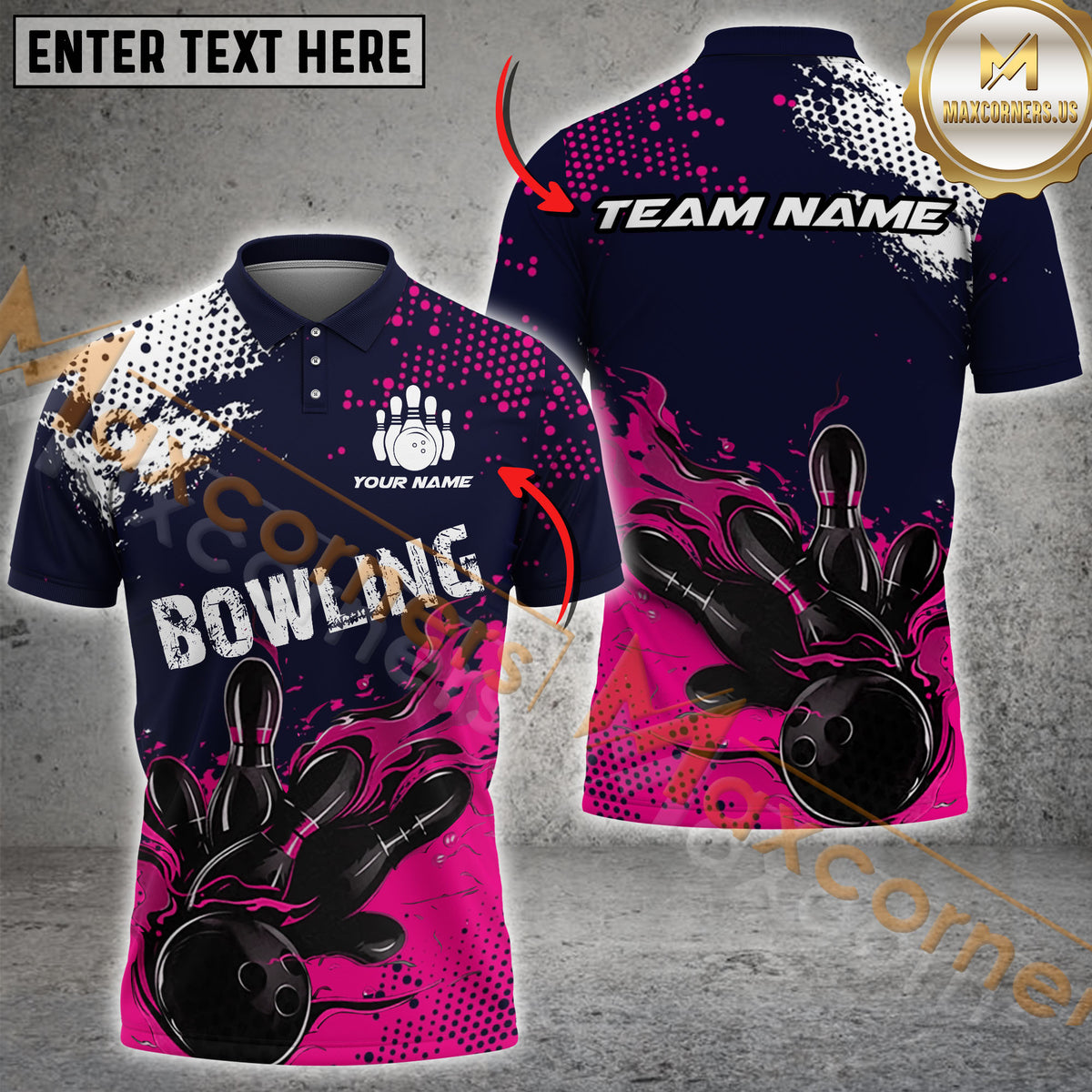 Maxcorners Classic Bowling Jersey Customized Name, Team Name 3D Polo Shirt