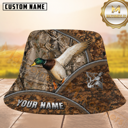 Maxcorners Duck Hunting Brown Camo Zipper Reveal Personalized Name 3D Bucket Hat