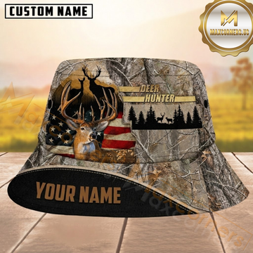 Maxcorners Deer Hunting US Flag Camo Personalized Name 3D Bucket Hat
