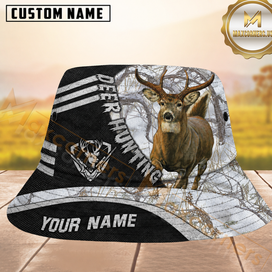 Maxcorners Buck Hunting Split-Design Snow Camo Personalized Name 3D Bucket Hat