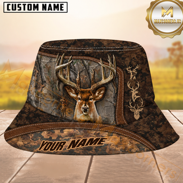Maxcorners Buck Hunting Brown Leather Stitch Mixed Camo Personalized Name 3D Bucket Hat