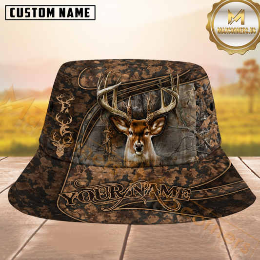 Maxcorners Deer Hunting Brown Camo Personalized Name 3D Bucket Hat
