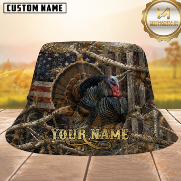 Maxcorners Wild Turkey Hunting American Flag Camo Personalized Name 3D Bucket Hat