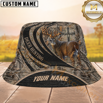 Maxcorners Buck Hunting Real Bark Camo & Deer Skull Cross Personalized Name 3D Bucket Hat