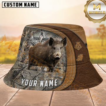 Maxcorners Wild Boar Hunting Rustic Leather Cross and Camo Personalized Name 3D Bucket Hat