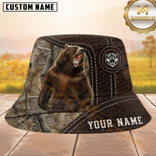 Maxcorners Bear Hunting Brown Woodland Camouflage Personalized Name 3D Bucket Hat