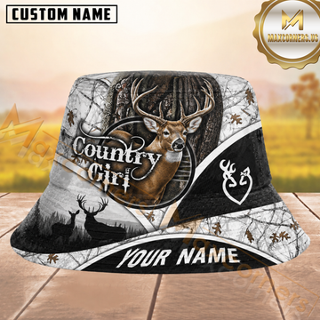 Maxcorners Deer Buck Hunting Country Girl Snow Camo Personalized Name 3D Bucket Hat