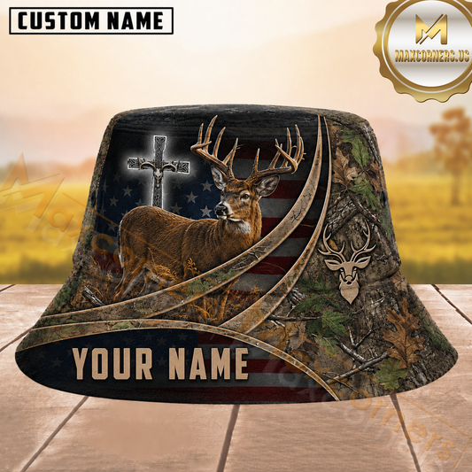 Maxcorners Deer Hunting American Flag Woodland Camo Personalized Name 3D Bucket Hat