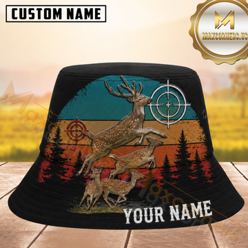 Maxcorners Deer Hunting Black Retro Sunset Personalized Name 3D Bucket Hat