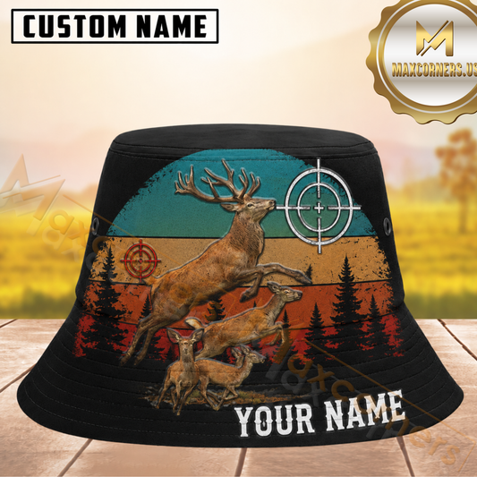 Maxcorners Elk Hunting Black Retro Sunset Personalized Name 3D Bucket Hat