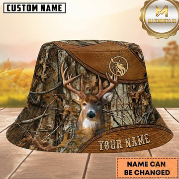 Maxcorners Deer Hunting Woodland Camo & Brown Leather Personalized Name 3D Bucket Hat (Copy) (Copy)