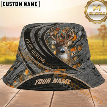 Maxcorners Deer Hunting Scratched Dark Metal and Orange Camo Personalized Name 3D Bucket Hat
