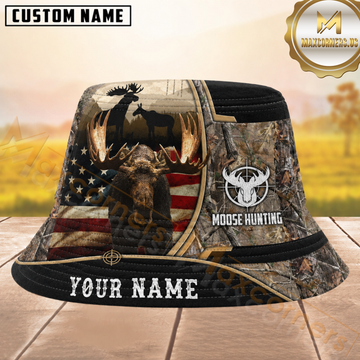 Maxcorners Moose Hunting American Flag Camo Personalized Name 3D Bucket Hat
