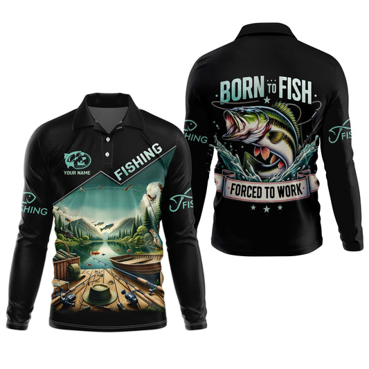Maxcorners Born To Fish Forced To Work Funny Fishing Shirts, UV Protection Shirt, Long Sleeve Fishing Shirts, Mens Casual Shirt