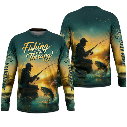 Maxcorners Fishing Is My Therapy, Long Sleeve Sun Shirt, SPF Shirts For Men, Gag Gifts For Men, Fishing Shirt