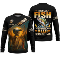 Maxcorners Fish And Beer, Skeleton Fishing, Funny Fishing Shirts, SPF Shirts For Men, Long Sleeve Top