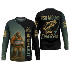 Maxcorners Fish Around & Find Trout Fishing Shirt, Bigfoot Fishing Shirt, SPF Shirts For Men, Funny Fishing Shirt