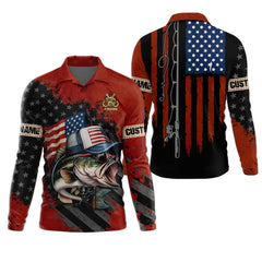 Maxcorners Patriotic Fishing Shirt, Largemouth Bass Fishing SPF Shirt, Fisherman Outfit, Men Long Sleeve Shirt
