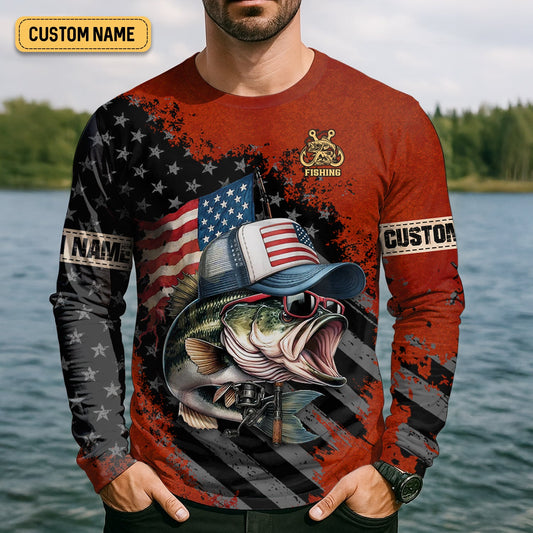 Maxcorners Patriotic Fishing Shirt, Largemouth Bass Fishing SPF Shirt, Fisherman Outfit, Men Long Sleeve Shirt