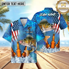 Maxcorners Walleye Fishing USA Flag Blue Beer Pattern Sport Jersey Personalized Name, Team Name Hawaiian Shirt