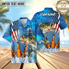 Maxcorners Bass Fishing USA Flag Blue Beer Pattern Sport Jersey Personalized Name, Team Name Hawaiian Shirt