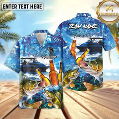 Maxcorners Walleye Fishing Boat Blue Beer Pattern Sport Jersey Personalized Name, Team Name Hawaiian Shirt