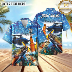 Maxcorners Trout Fishing Boat Blue Beer Pattern Sport Jersey Personalized Name, Team Name Hawaiian Shirt
