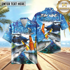Maxcorners Salmon Fishing Boat Blue Beer Pattern Sport Jersey Personalized Name, Team Name Hawaiian Shirt
