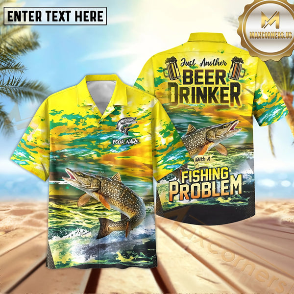 Maxcorners Pike Fishing Beer Drinker Yellow Sky Pattern Sport Jersey Personalized Name, Team Name Hawaiian Shirt