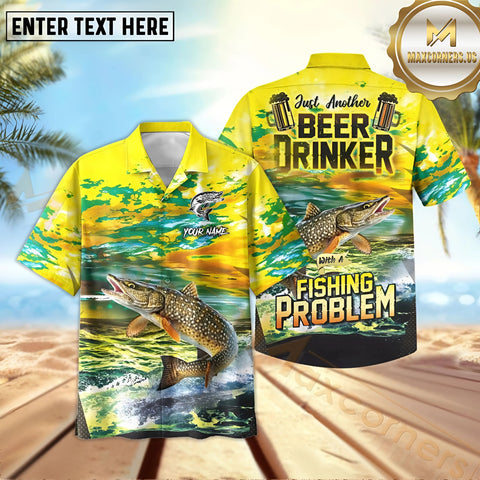 Maxcorners Pike Fishing Beer Drinker Yellow Sky Pattern Sport Jersey Personalized Name, Team Name Hawaiian Shirt