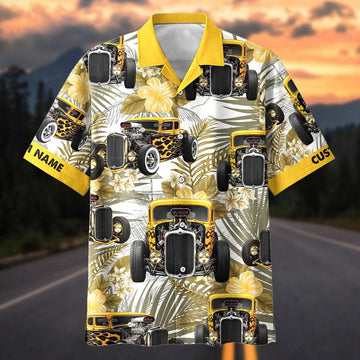 Maxcorners Personalized Car Yellow Flame Hot Rod Tropical Floral Hawaiian Shirt