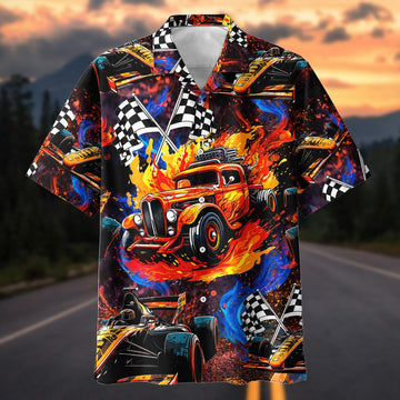 Maxcorners Hot Rod Formula Racing Car Fire Checkered Flag Hawaiian Shirt