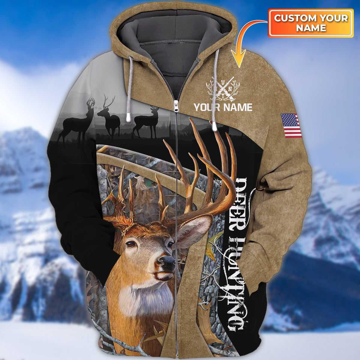 Maxcorners Custom Name Hunting Deer American Flag Shirt 3D All Over Pr