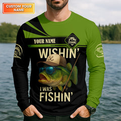 Maxcorners Wishing I Was Fishing Funny Fishing Shirt, Bass Fishing Shirt, SPF Shirt For Men, Men's Fishing Shirt