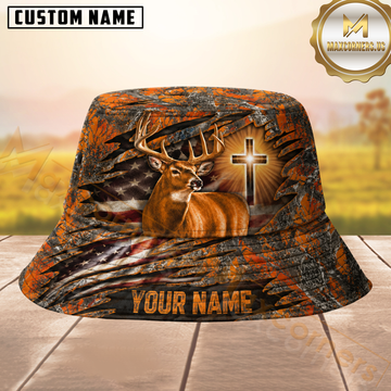 Maxcorners Deer Hunting Orange Camo US Flag Cross Personalized Name 3D Bucket Hat