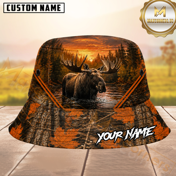 Maxcorners Moose Hunting Sunset Forest Orange Camouflage Personalized Name 3D Bucket Hat