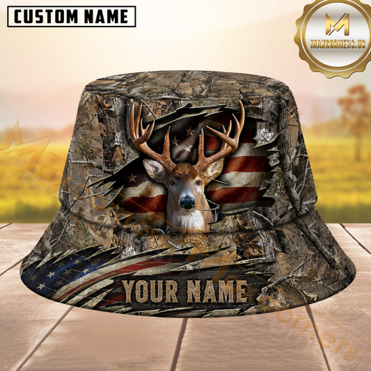 MAXCORNERS BUCK HUNTING RIPPED US FLAG CAMO PERSONALIZED NAME 3D BUCKET HAT