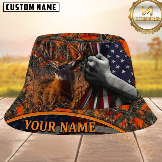 Maxcorners Buck Hunting Intense Orange Blaze Camo Personalized Name 3D Bucket Hat