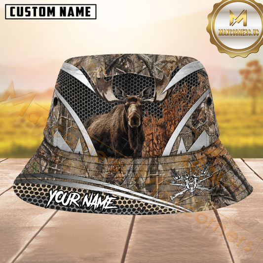 Maxcorners Moose Hunting Silver Hex Mesh Geometric Camo Personalized Name 3D Bucket Hat