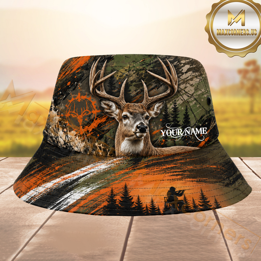 Maxcorners Whitetail Buck Hunting Orange & Green Paint Splatter Camo Personalized Name 3D Bucket Hat