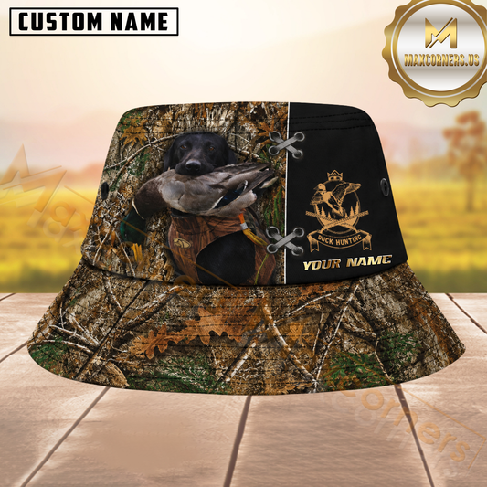 Maxcorners Hunting Dog and Mallard Hunting Real Tree Camo & Black Split with Duck Badge Personalized Name 3D Bucket Hat