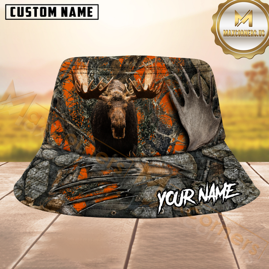 Maxcorners Moose Hunting Orange Camo Claw Marks Personalized Name 3D Bucket Hat