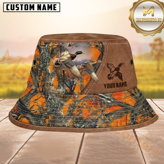 Maxcorners Mallard Duck Hunting Orange Camo Brown Leather Personalized Name 3D Bucket Hat