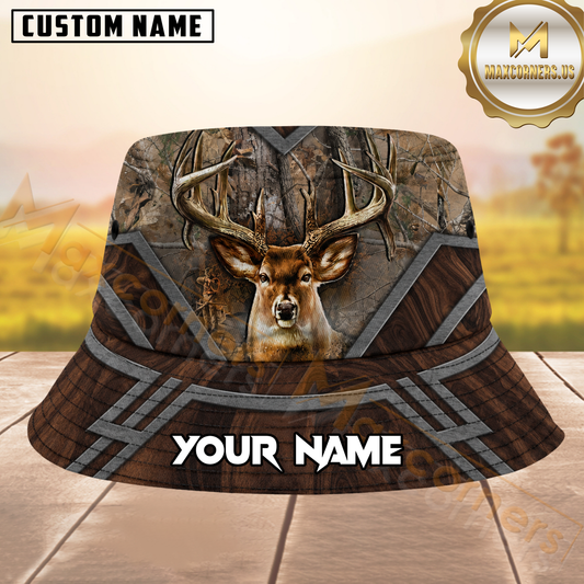 Maxcorners Buck Hunting Wood Grain Geometric Camo Personalized Name 3D Bucket Hat