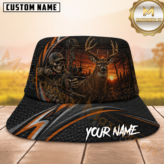 Maxcorners Deer Hunting Skeleton Bow Sunset Orange Striped Personalized Name 3D Bucket Hat