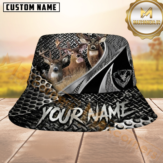 Maxcorners Deer Hunting Silver Black Diamond Plate Metal Personalized Name 3D Bucket Hat