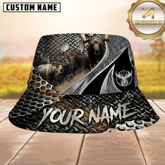 Maxcorners Moose Hunting Silver Black Diamond Plate Metal Personalized Name 3D Bucket Hat