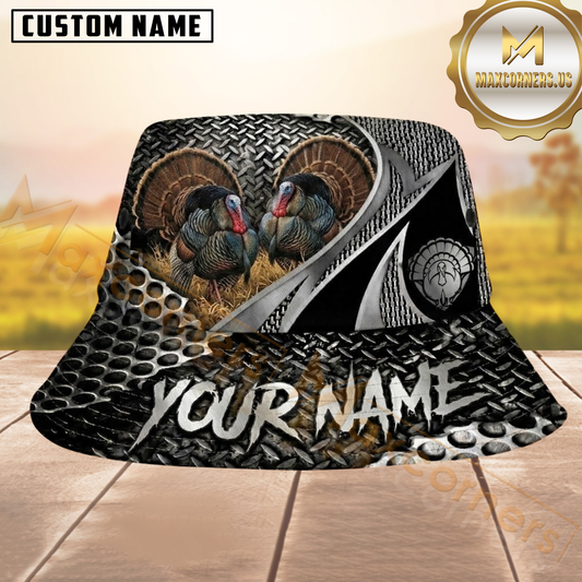 Maxcorners Turkey Hunting Silver Black Diamond Plate Metal Personalized Name 3D Bucket Hat